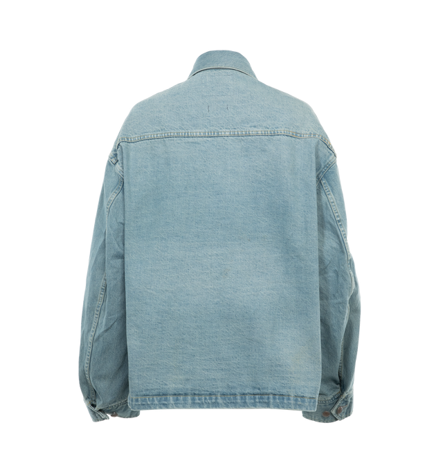 Image 2 of 3 - BLUE - R13 Oversized Trucker Parka featuring front button closure, 4 front patch pockets with button closure, cuffs with button closure, faded and distressed throughout and oversized fit. 100% cotton. Made in Italy.  