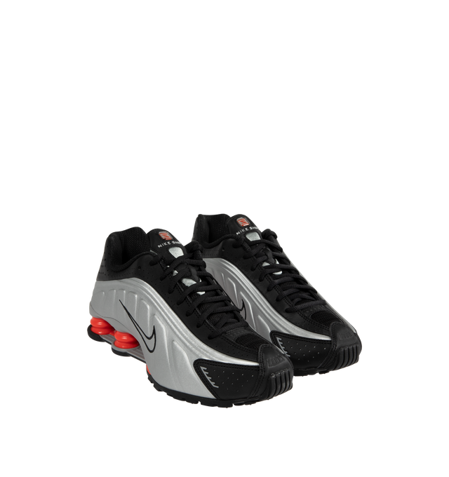 Image 2 of 5 - SILVER - Nike Shox R4 Sneakers are a lace-up style with leather uppers, synthetic overlays, perforations for breathability, cushioned collars, Shox cushioning, and rubber outsoles.  