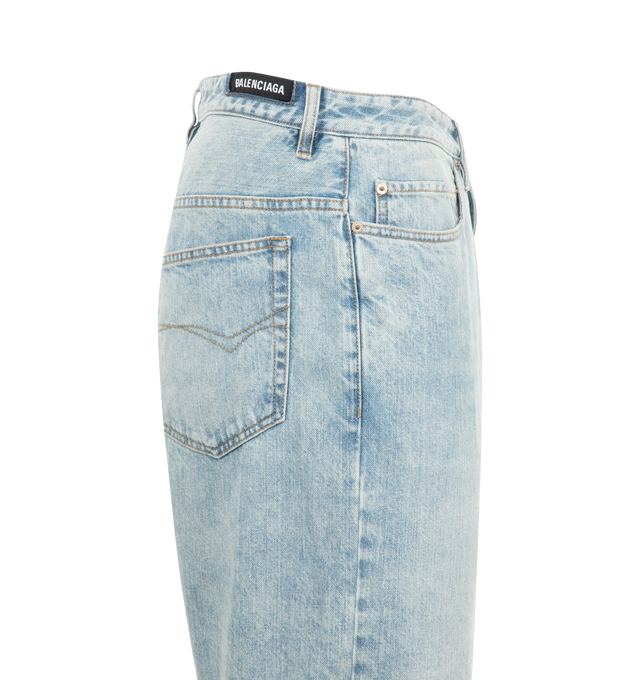 Image 3 of 3 - BLUE - Balenciaga Men's medium fit jeans featuring five-pocket styling, button and zip fly, belt loops, branded label at the waist, distressed detail at the hem. 