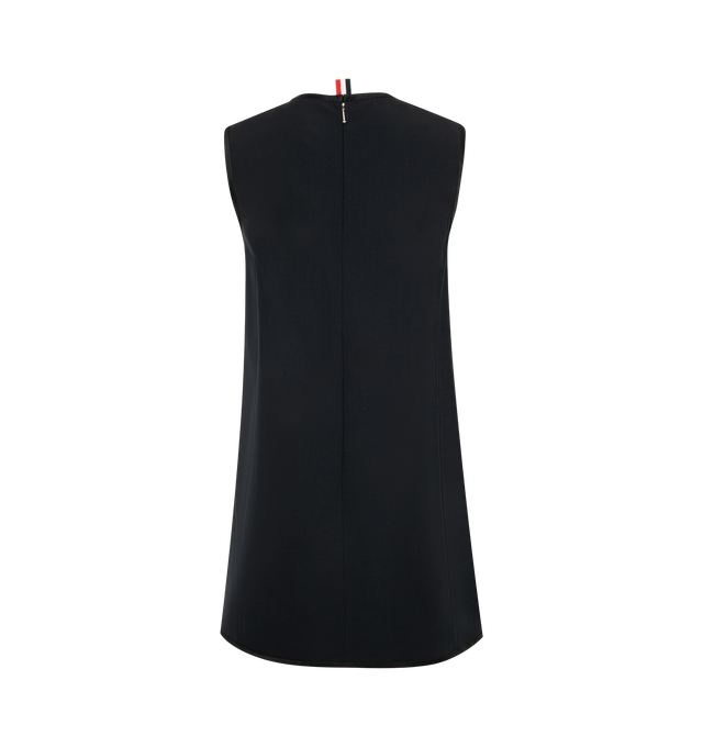 Image 2 of 2 - BLACK - Thom Browne Women's School Uniform A-line Shift Dress ina  thigh length  featuring round neck, zip back closure, dropped back hem with signature striped grosgrain trim, signature striped grosgrain loop tab,  50% Wool, 50% Polyester, Combo 1: 100% Silk, Lining: 100% Silk. Made in Italy. 