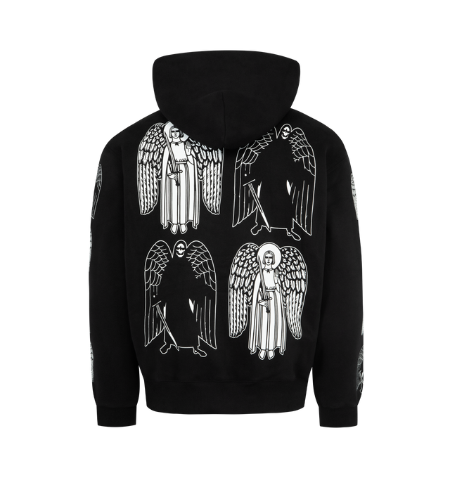 Image 2 of 3 - BLACK - PLEASURES Angel Demon Hoodie featuring attached hood, pullover style, long sleeves with ribbed cuffs, kangaroo pocket, logo at chest, angel and demon prints on sleeves and back and ribbed cuffs. 54% polyester, 46% cotton. 
