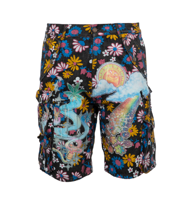 MULTI - ERL UNISEX CARGO SHORTS WOVEN shorts feature black flower print with two side slit pockets and carpenter pockets. 100% cotton.