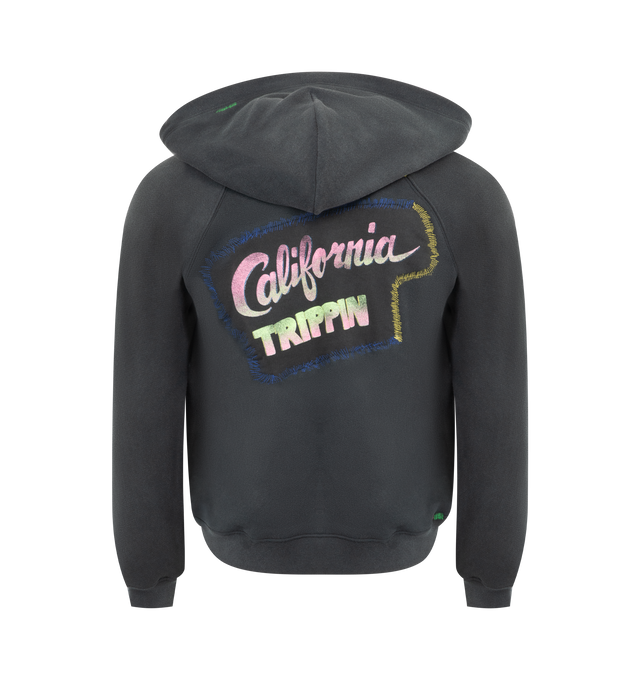 Image 2 of 2 - BLACK - NAHMIAS California Tripping Girlfriend Zip Up Hoodie featuring zip front closure, hood, girlfriend fit, faded vintage look, front pockets and graphic on front and back. 100% cotton. 
