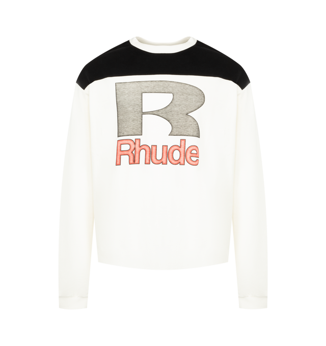 Image 1 of 2 - WHITE - Rhude Men's Racing Panel Long Sleeve Shirt is crafted from premium fabric and features a relaxed silhouette with a classic point collar, long sleeves, a button-front closure, and racing-inspired panel detailing. This designer long sleeve shirt combines vintage motorsport influences with Rhude's signature luxury streetwear aesthetic, creating a bold statement piece for elevated everyday styling. Main Material: 100% Cotton Fabric. 