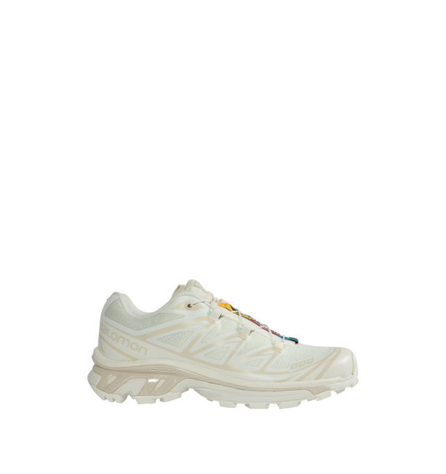 WHITE - SALOMON XT-6 Sneaker featuring Quicklace closure offers one-pull tightening, removable OrthoLite insole, SensiFit + EndoFit construction, Agile Chassis System (ACS) maintains heel-to-toe stability on distance runs, Contagrip MA tread, textile and synthetic upper and lining/rubber sole.