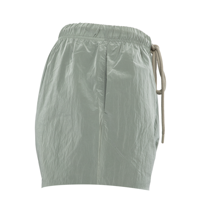GREEN - FEAR OF GOD Drawstring Shorts featuring drawstring at elasticized waistband, two-pocket styling and leather logo patch at front. 51% nylon, 49% wool. Made in Italy.