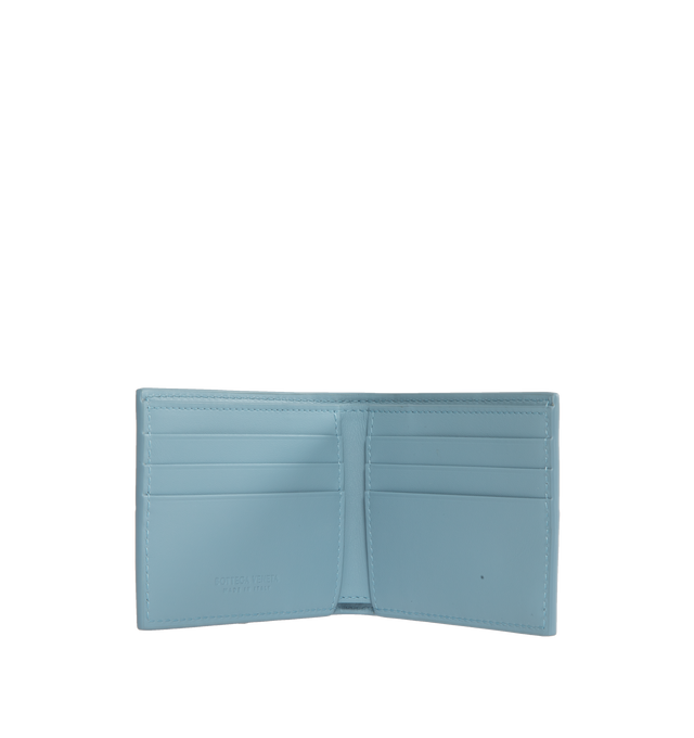 Image 2 of 3 - BLUE - BOTTEGA VENETA Intreccio woven denim-print leather Bi-fold wallet featuring interwoven texture, six interior card slots, debossed branding at interior, interior note compartment. Height 9cm, width 11cm. Made in Italy. 