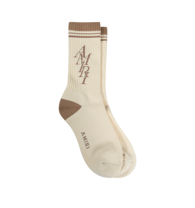 Image 1 of 2 - WHITE - AMIRI Stack Logo Socks featuring logo lettering and comfortable stretch in a blend of cotton. 78% cotton, 20% polyester, 2% elastane. 