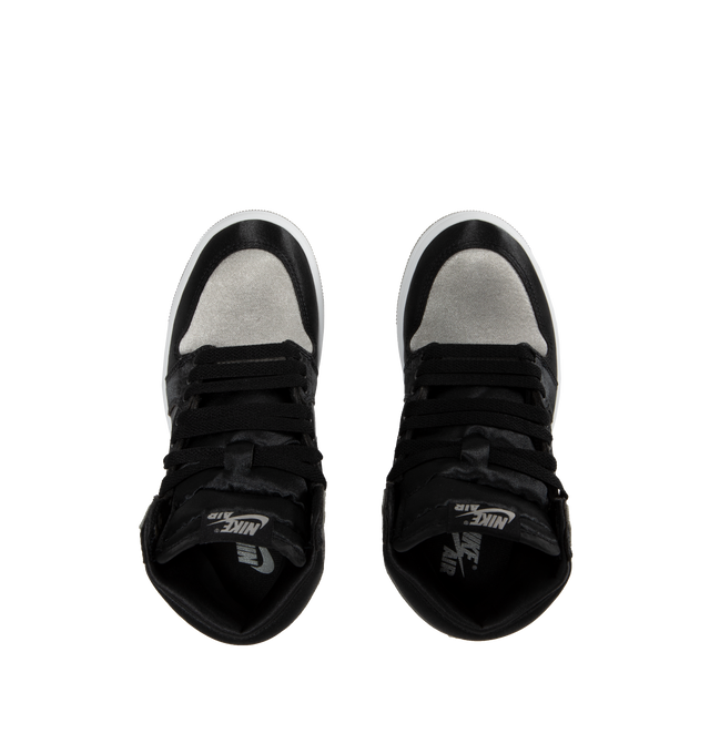 Image 5 of 5 - BLACK - Air Jordan 1 Retro High OG High Top Sneakers are a high-top lace-up style with Air-Sole units for cushioning, logo stamps on the collars, foam soles, and solid rubber outsoles.  