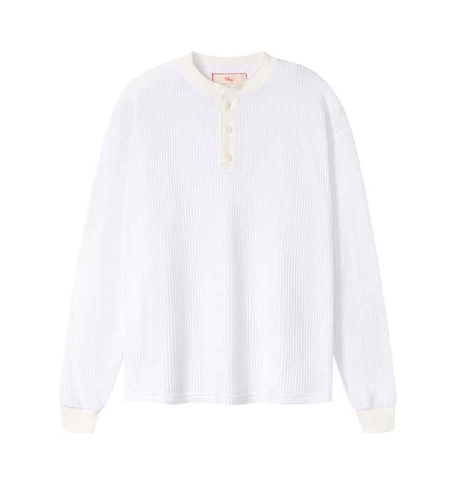 Image 1 of 6 - WHITE - Cherry LA Men's Henley Thermal is crafted from a custom poly-cotton thermal fabric and features a fitted silhouette with a classic Henley neckline. Designed with embroidered detailing at the back and finished with two-hole cat-eye buttons, this everyday essential combines vintage-inspired thermal styling with Cherry LA's signature craftsmanship. Main Material: Custom Poly-Cotton Thermal. Made in Los Angeles, California. 