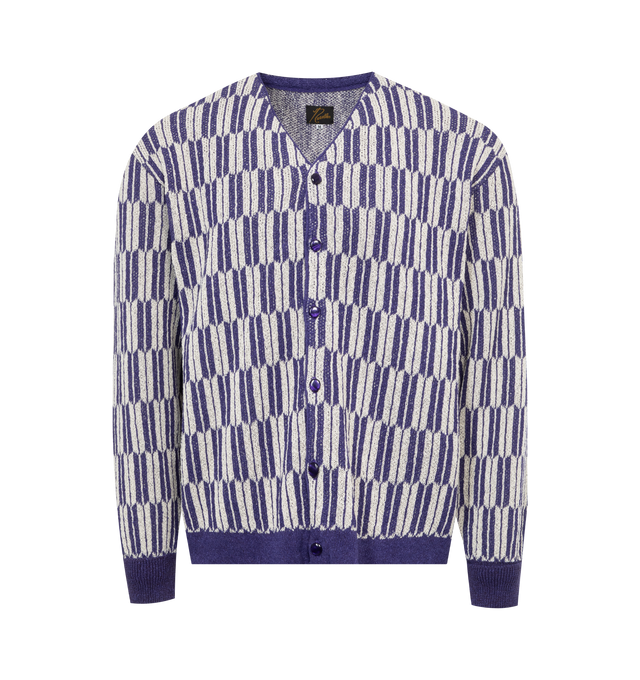 Image 1 of 2 - PURPLE - NEEDLES V Neck Cardigan featuring classic shape, button front closure, pattern throughout, v neck and ribbed cuff and hem. 62% non-classified fibres, 38% polyester. Made in Japan.