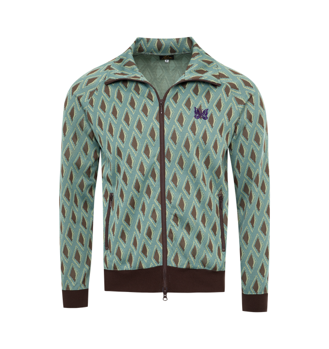 Image 1 of 3 - GREEN - NEEDLES Track Jacket featuring graphic pattern, funnel neck, butterfly fastening, front zip fastening, two side zip-fastening pockets and long sleeves. 100% polyester. 