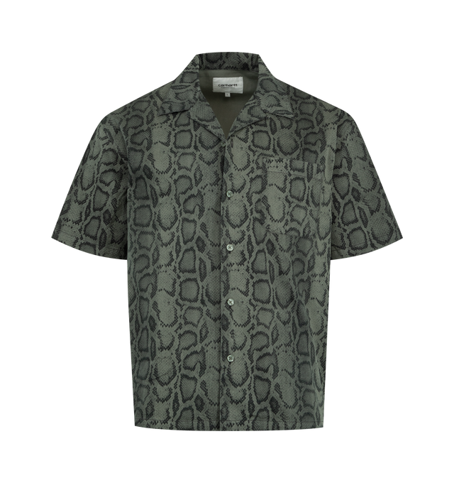 Image 1 of 2 - GREEN - CARHARTT WIP Snake Camo Shirt featuring a loose fit, midweight cotton twill, an allover 'snake camo print, bowling collar, chest pocket, woven flag label, short sleeves and button front closure. 100% cotton twill. 