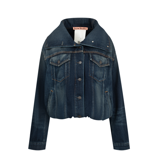 Image 1 of 3 - BLUE - Acne Studios Women's Cropped Denim Jacket is crafted from indigo-blue denim twill and features a regular-fit silhouette with a structured high neck and cropped length. Designed with branded button closures, front and side pockets, and a distinctive balloon hem that creates a gathered shape. Main Material: 100% Cotton. Lining: 65% Polyester, 35% Cotton.  