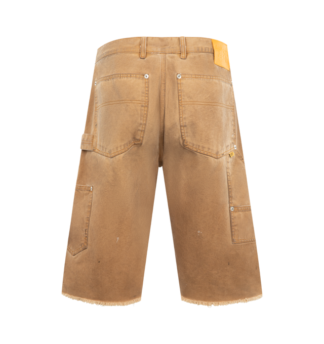 Image 2 of 3 - BROWN - GALLERY DEPT. Branko Carpenter Shorts featuring relaxed carpenter short, distressed detailing throughout., debossed tan leather GALLERY DEPT. jacron on the back waistband, worn-in look and reinforced rip and repair details. 100% cotton. Made in USA. 