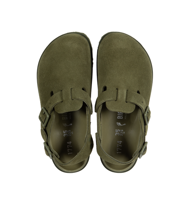 Image 4 of 4 - GREEN - Birkenstock's Tokio a closed-toe clog in a narrow width. The iconic Tokio sillhouette closely follows the contours of the foot featuring adjustable heel and arch straps. Upper: Luxurious fine flesh out suede, a full grain leather that has been flipped to use the fuzzy side. Footbed: Anatomical shaped BIRKENSTOCK cork-latex footbed, covered with premium, color-matching smooth nappa leather. Sole: EVA outsole with a 3mm EVA welt updates the standard die-cut outsole while still ensuring  