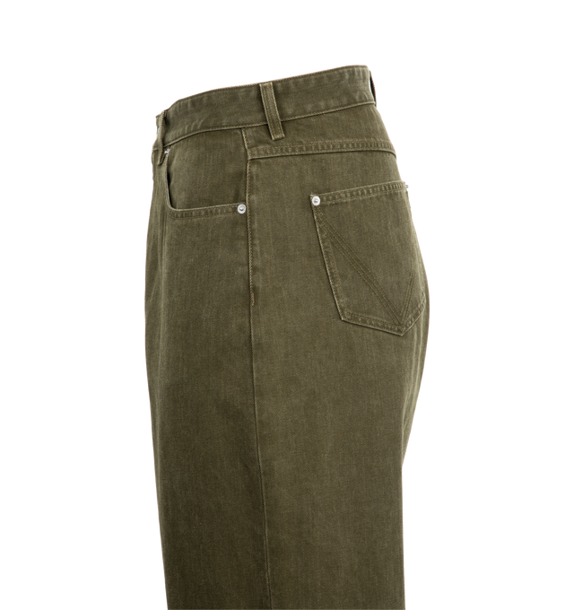 Image 3 of 3 - GREEN - BOTTEGA VENETA Turned Up Jeans featuring wide leg and contrasted turned up hem in coloured stone washed denim, intrecciato suede back patch, removable jumping hare patch on the back pocket and button closure. 100% cotton. Made in Italy. 