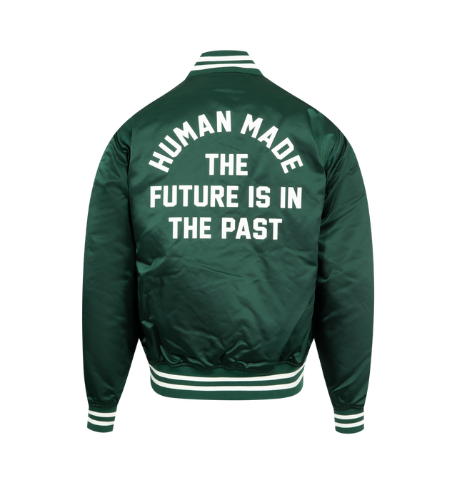 Image 2 of 3 - GREEN - HUMAN MADE Nylon Stadium Jacket featuring quilted polyester lining, ribbed collar, logo snap buttons, 2 front pockets and branding throughout. 100% nylon. 