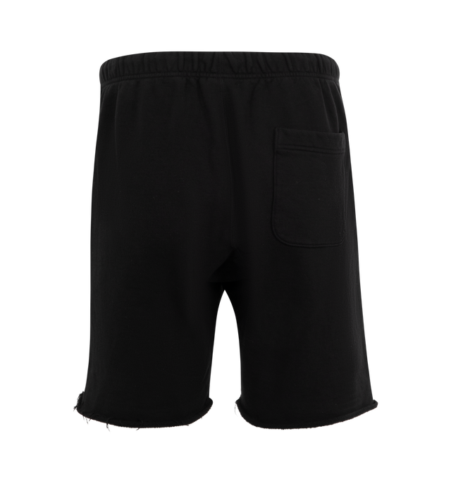 Image 2 of 3 - BLACK - SAINT MICHAEL Sweat Shorts featuring elastic waistband with drawstrings, raw edge, 2 hand pockets and 1 back pocket. 100% cotton. 