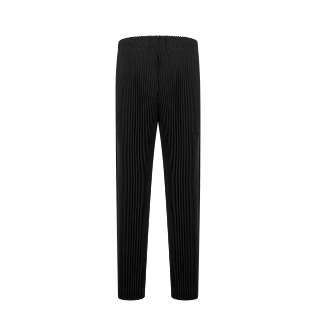 Image 2 of 3 - BLACK - Issey Miyake Mens Straight Pants are crafted from lightweight polyester. Feature a straight-leg silhouette, elasticized drawstring waistband, button fly, side pockets, quick-drying fabric, and light-reactive finish that creates a dimensional appearance. Main Material: 100% Polyester. Made in Japan. 