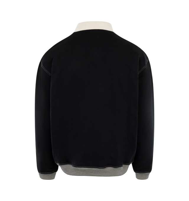 Image 2 of 2 - BLACK - MARTINE ROSE Polo Neck Crew featuring long sleeves, loose fitting, built in polo collar, printed seasonal artwork, contrasting stitching at shoulders and hem and striped rib waistband and cuffs. 100% cotton. 