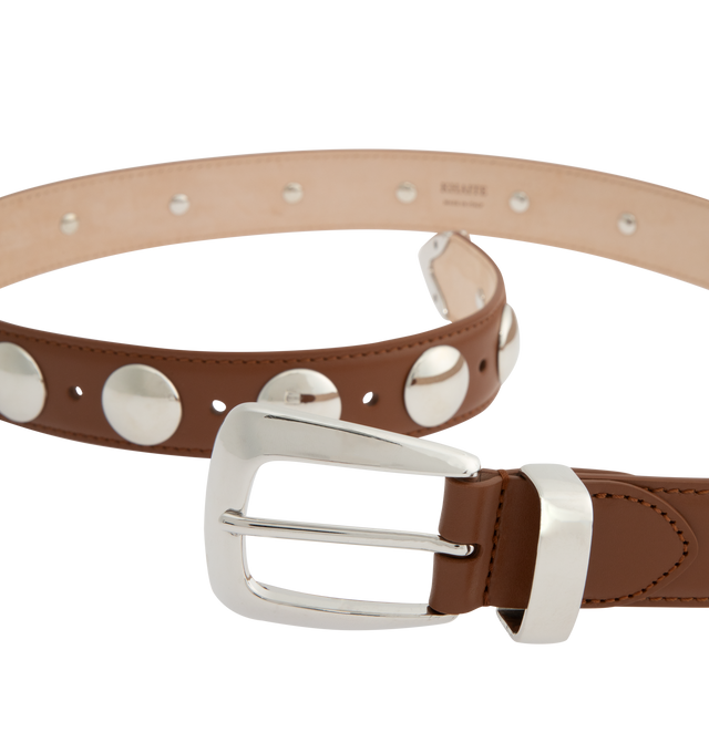 Image 2 of 2 - BROWN - KHAITE Benny Belt with Studs featuring calfskin with tonal topstitching, it is accented with gleaming, jewelry-like hardware: polished silver-toned discs paired with a brushed buckle, loop, and tip. Calfskin. 