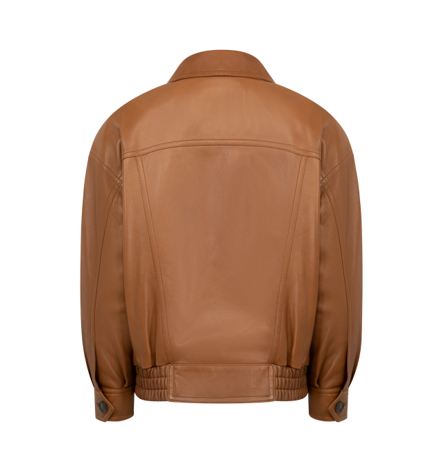 Image 2 of 4 - BROWN - SAINT LAURENT Bomber Jacket in lambskin featuring drop shoulders, a shirred waist, cotton and viscose lining, zip closure with snap-button storm flap, two patch pockets with button flat and two jetted pockets at the front, one inner welt pocket, pointed collar, one-button cuffs and padded shoulders. 100% lambskin. Made in Italy. 