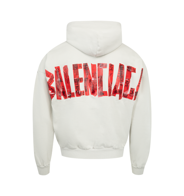 Image 2 of 2 - WHITE - BALENCIAGA Security Tape Zip-Up Hoodie featuring dry fleece, hood without drawstring, dropped shoulders, double-ended zip fastening, 2 pockets at front, gathered at cuffs and waistline, worn-out details and security tape artwork at back and sleeves. 100% cotton. Made in Portugal.  