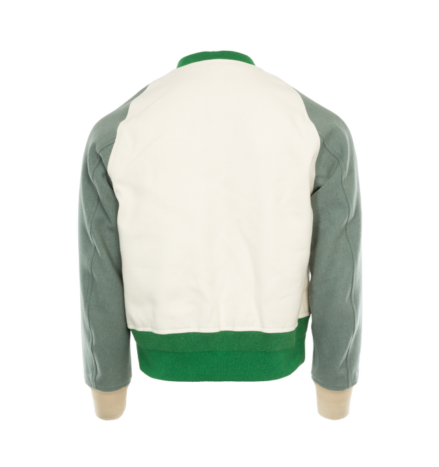 Image 2 of 3 - GREEN - Visvim Logo-patch felted varsity jacket in a wool blend with off-white and green color-block panelled design featuring logo patch at the chest, ribbed band collarfront press-stud fastening, long sleeves, ribbed cuffs and hem, two side slit pockets and satin lining. Outer: Cotton 100%, Wool 62%, Linen/Flax 38%.  Lining: Rayon 100%.  