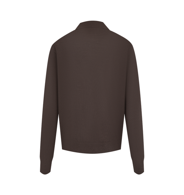 Image 2 of 2 - BROWN - The Row Women's Pauli Top is crafted from a lightweight wool and silk jersey blend and features a relaxed silhouette with a buttonless front tab, ribbed collar, cuffs, and hem, and slightly elongated sleeves. This designer knit top combines exceptional Italian craftsmanship with a fluid drape and soft hand, creating an effortlessly refined layering piece for everyday wear. Main Material: 70% Wool, 30% Silk. Made in Italy. 