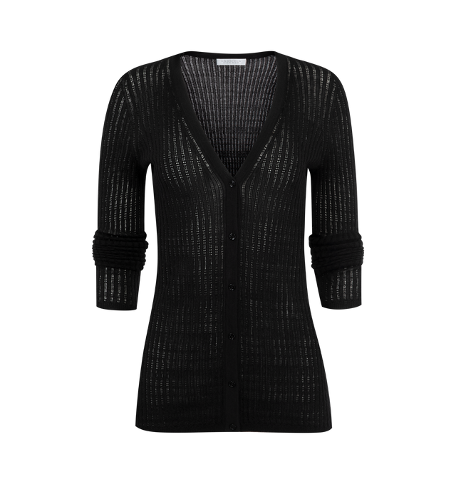 Image 1 of 2 - BLACK - GABRIELA HEARST Emma Pointelle Knit Cardigan featuring fitted bodice, button closure and v-neck. 70% cashmere, 30% silk. 