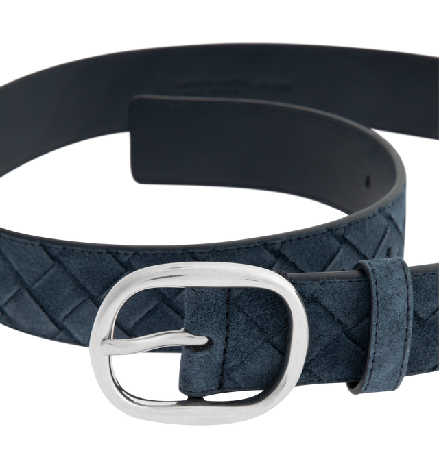 Image 2 of 2 - NAVY - BOTTEGA VENETA Intrecciato Suede Belt featuring keeper loop at front, pin-buckle fastening and silver-tone hardware. W1.5". 100% leather. Made in Italy.   