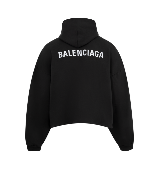 Image 2 of 2 - BLACK - Balenciaga Cropped Hoodie has an attached hood, signature graphics at the front and back, kangaroo pocket, and ribbed trims.  