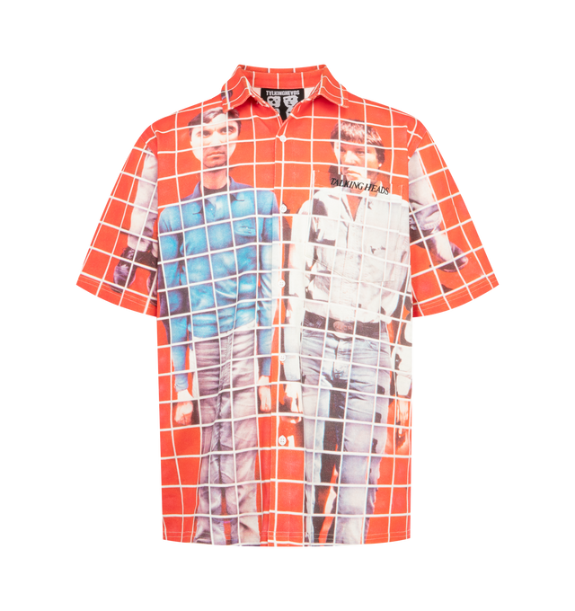 Image 1 of 2 - RED - Pleasures Mens Short Sleeve Button-Up Shirt is crafted from lightweight cotton jersey. Features a button-front closure, short sleeves, relaxed fit, and all-over digital print artwork. Main Material: 100% Cotton. Made in China. 