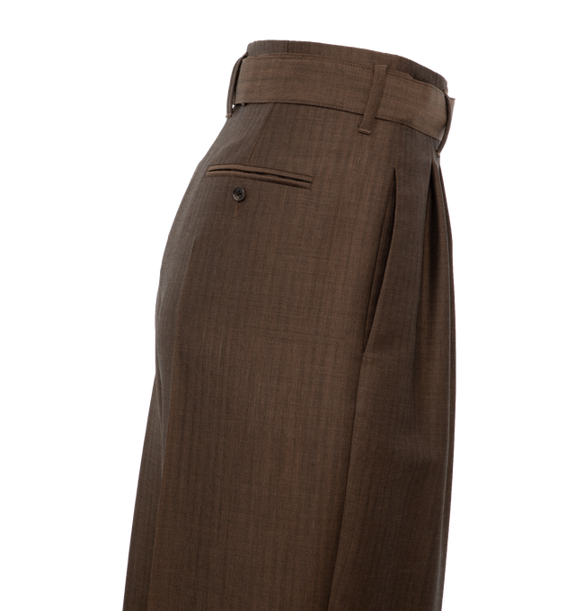 Image 3 of 5 - BROWN - THE ROW Lonan Pant featuring wide-leg pants in tropical wool mohair with minimal waistband construction, removable self belt, pressed front and back crease, and side slash pockets. 60% mohair, 40% wool. Made in Italy. 