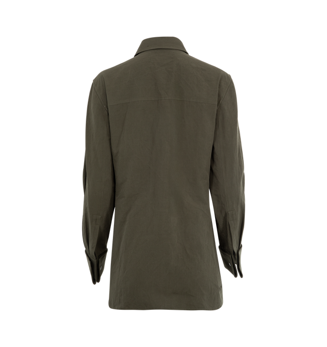 Image 2 of 2 - GREEN - SAINT LAURENT Cassandre Shirt featuring fitted shirt with a pointed collar, straight shoulders, front button closure, one-button french cuffs, curved hem and chest pocket with tonal cassandre embroidery. 50% cotton, 50% linen. Made in Italy. 