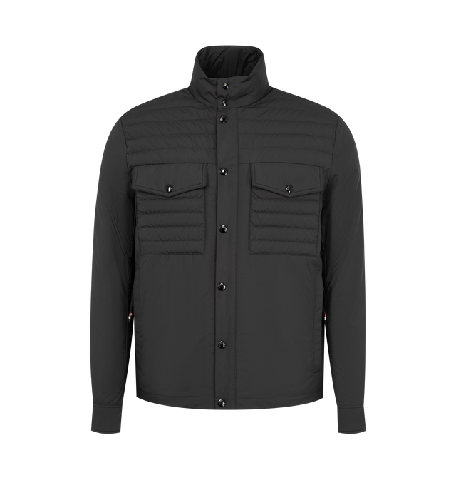 Image 1 of 1 - BLACK - Moncler Mens Vnorviane Down Jacket is crafted from recycled polyester with a matte finish. Features mini boudin quilting across the upper chest, stand collar, zip-front closure, snap-button chest pockets, zipped side pockets, inside zipped pocket, adjustable cuffs, hem with elastic drawstring, and logo patch. Exterior: 100% Polyester; Lining: 100% Polyester; Padding: 90% Down, 10% Feather. Made in Romania. 