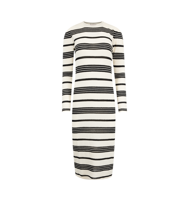 Image 1 of 3 - WHITE - MONCLER Stripe Long-Sleeve Midi Dress featuring an embellished crew neckline, long sleeves, tonal logo patch at left sleeve, bodycon fit, hem falls below the knee and slipover style. Cotton/nylon/polyamide/viscose. 