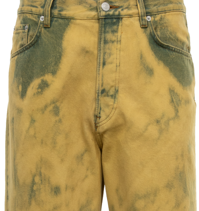 Image 3 of 3 - YELLOW - DRIES VAN NOTEN Garment-Dyed Jeans featuring garment-dyed non-stretch denim, bleached effect throughout, belt loops, five-pocket styling, button-fly, riveted leather logo patch at back waistband and logo-engraved silver-tone hardware. 100% cotton. Made in Italy. 