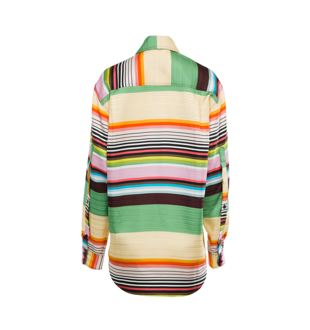 Image 2 of 4 - MULTI - CHRISTOPHER JOHN ROGERS Casette Striped Shirt featuring silk-organza, button front closure, oversized fit, dropped shoulder seams, rainbow-colored stripes of varying widths, collar and buttoned cuffs. 
