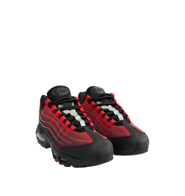 Image 2 of 5 - RED - Nike Men's Air Max 95 Big Bubble Sneaker featuring textile and synthetic leather, visible Max Air cushioning, flex grooves in the midsole and outsole, foam midsole and rubber outsole. 