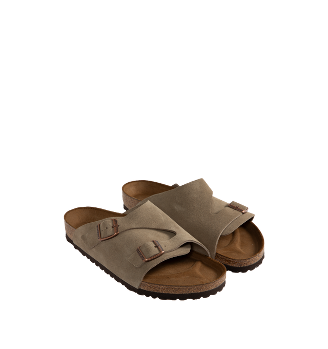 Image 2 of 4 - BROWN - BIRKENSTOCK Zurich Sandal featuring dual straps at vamp with adjustable metal pin buckle, anatomically shaped cork-latex footbed, pronounced arch support, roomy toe box and regular fit. Suede upper with EVA sole. 