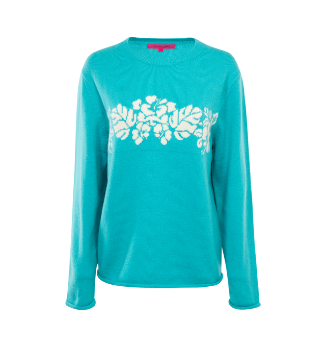 Image 1 of 2 - BLUE - The Elder Statesman Jones crewneck sweater crafted from the softest Italian 100% cashmere in a heavyweight knit. Features a relaxed women's sillhouette, floral intarsia motif and a rolled hem. Made in Los Angeles with hand-knitted machines. 100% cashmere. 