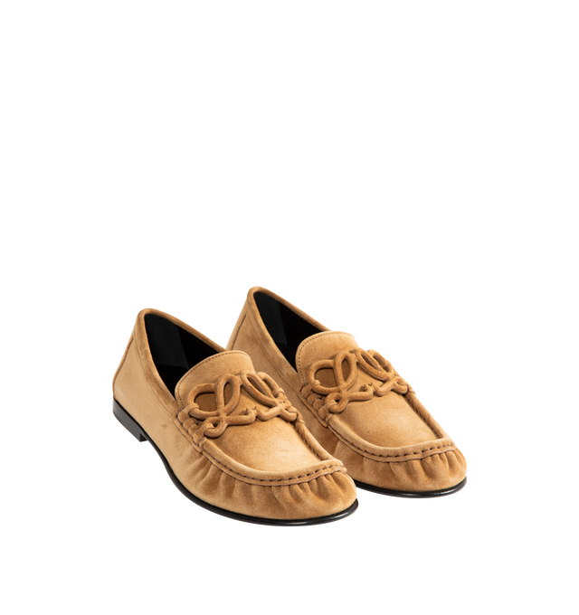 Image 2 of 2 - BROWN - Loewe Women's Double L Loafers are crafted from suede and feature the house's signature Double L detailing on the front. Upper: Suede Leather. Made in Italy. 