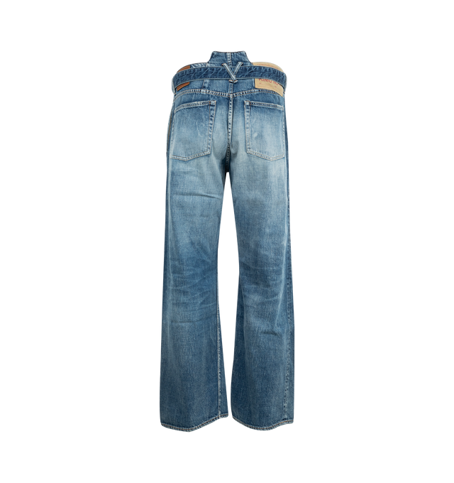 Image 2 of 4 - BLUE - FULLCOUNT Wide Tuck Hakama Denim featuring 11.5oz original selvedge denim, wide leg, 4 pockets, button closure and attached belt. 100% cotton.  