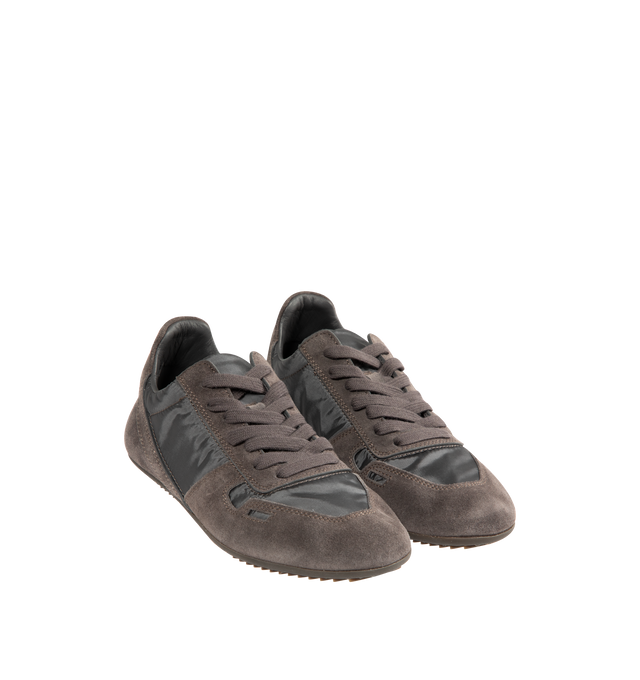 Image 2 of 5 - GREY - RICK OWENS Minimal Suede and Nylon Sneakers featuring lace up closure, suede panelled with glossy nylon and slim shark-tooth rubber soles. 