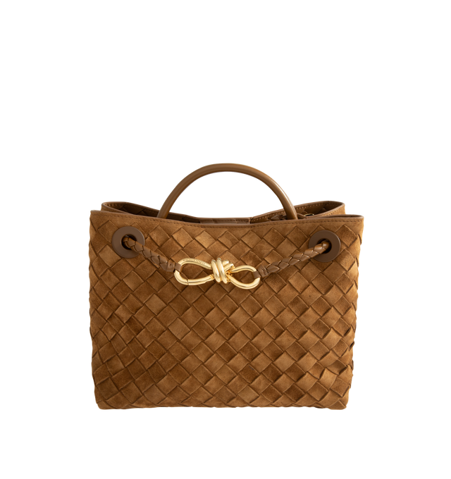 Image 1 of 4 - BROWN - Bottega Veneta Women's Andiamo Small Intrecciato-Suede Top Handle Bag is crafted from supple suede and showcases the houses signature Intrecciato weave. Detailed with gold-tone hardware and the collections signature knot detail, this versatile design features a top handle, a sliding shoulder strap, and a magnetic closure. The thoughtfully organized interior includes one slip pocket, one zip pocket, and two compartments for everyday essentials. Dimensions: 24.8 x 20.3 x 10.2 cm / 9.75  
