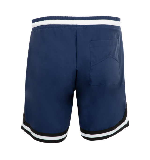 Image 2 of 4 - BLUE - Rhude Logo Basketball Swim Trunks have an elastic drawstring waist, side pockets, and a back pocket. 100% nylon.  