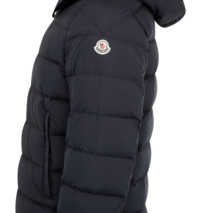 Image 3 of 4 - NAVY - MONCLER Montbrocq Jacket featuring polyester lining, down-filled, detachable and adjustable hood, zipper closure, pockets with button closure, zipped inner pockets, elastic cuffs and logo trim. 100% polyester. Padding: 90% down, 10% feather. Made in Armenia. 