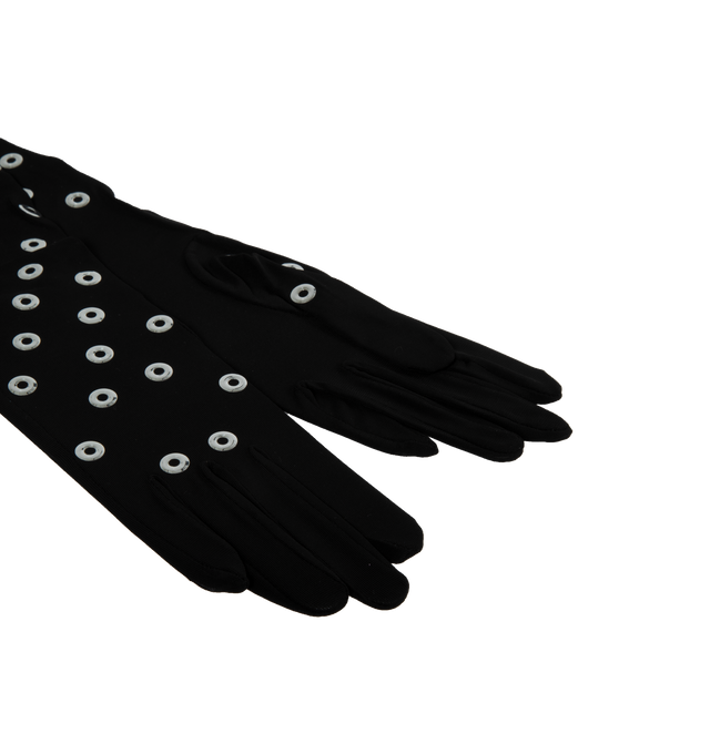 Image 2 of 2 - BLACK - Alaia long eyelet gloves made from a soft jersey with allover applied silver eyelets. 96% viscose / 4% elastane. Made in Italy.  